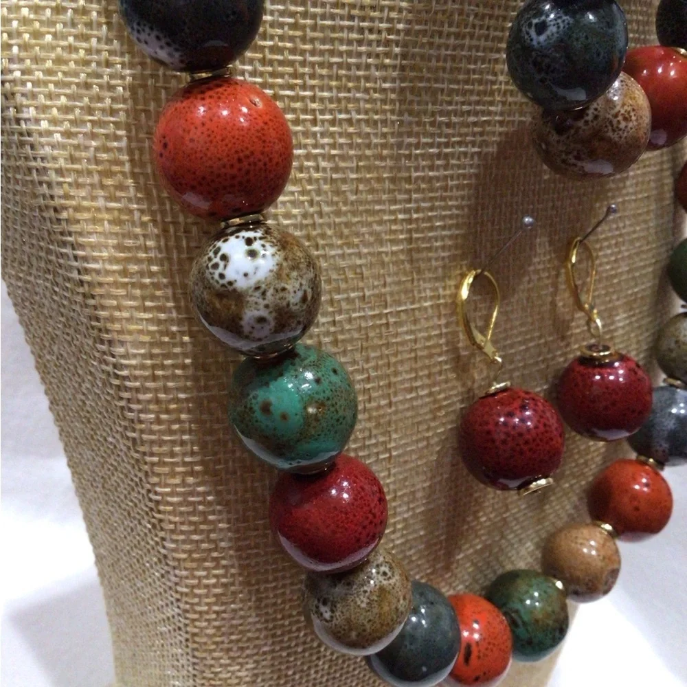 Tribal Earth Toned Colorful Beaded Necklace, Bracelet, and Earring Set